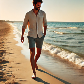 DALL·E 2024-08-23 16.08.13 - A man walking on a beach. He is wearing casual summer clothing, such as a light shirt and shorts, and is barefoot. The beach is serene with gentle wav